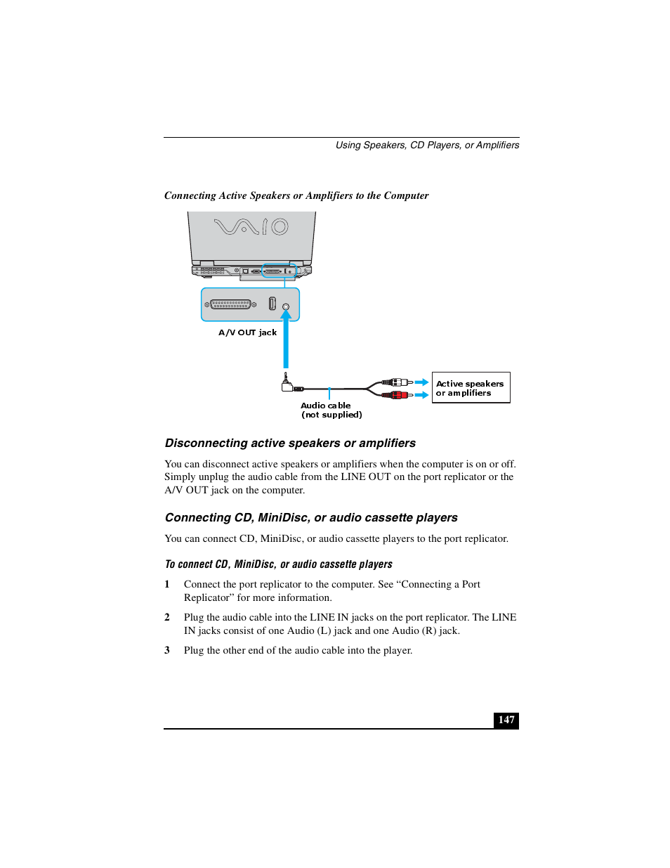 Disconnecting active speakers or amplifiers, Connecting cd, minidisc, or audio cassette players, Not supplied) | Sony PCG-GRX690P User Manual | Page 147 / 222