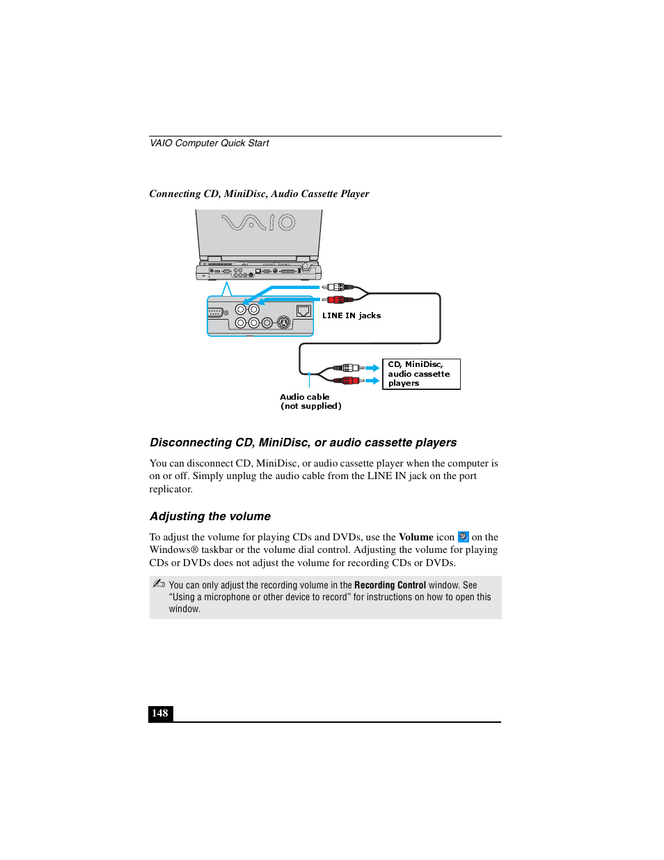 Adjusting the volume | Sony PCG-GRX690P User Manual | Page 148 / 222