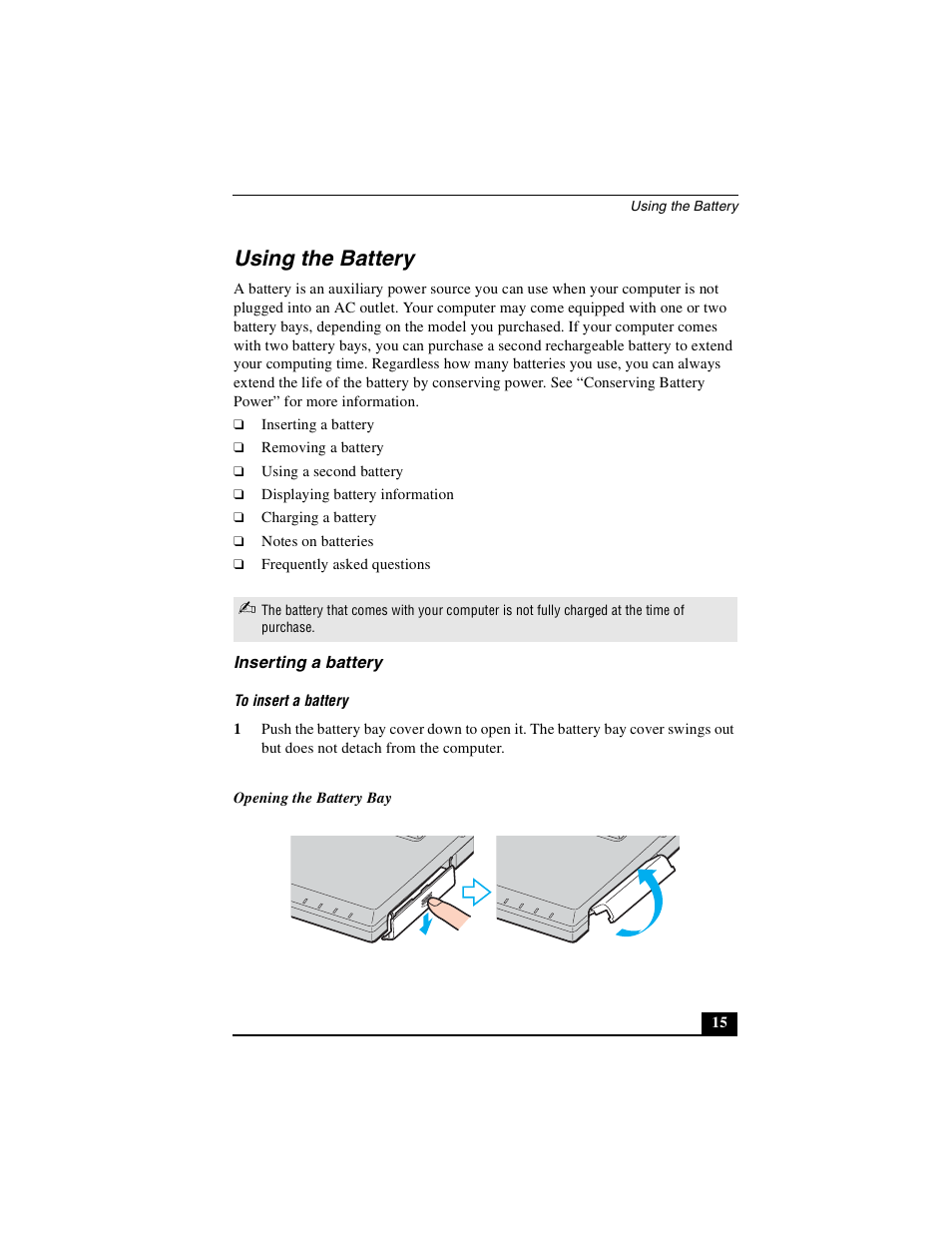 Using the battery, Inserting a battery | Sony PCG-GRX690P User Manual | Page 15 / 222