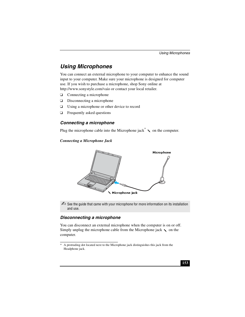 Using microphones, Connecting a microphone disconnecting a microphone | Sony PCG-GRX690P User Manual | Page 153 / 222