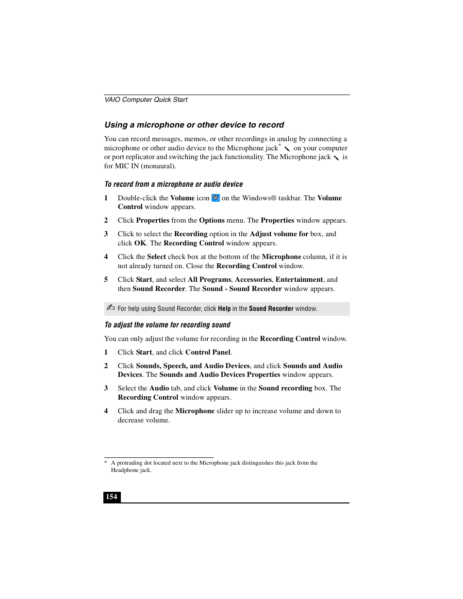 Using a microphone or other device to record | Sony PCG-GRX690P User Manual | Page 154 / 222