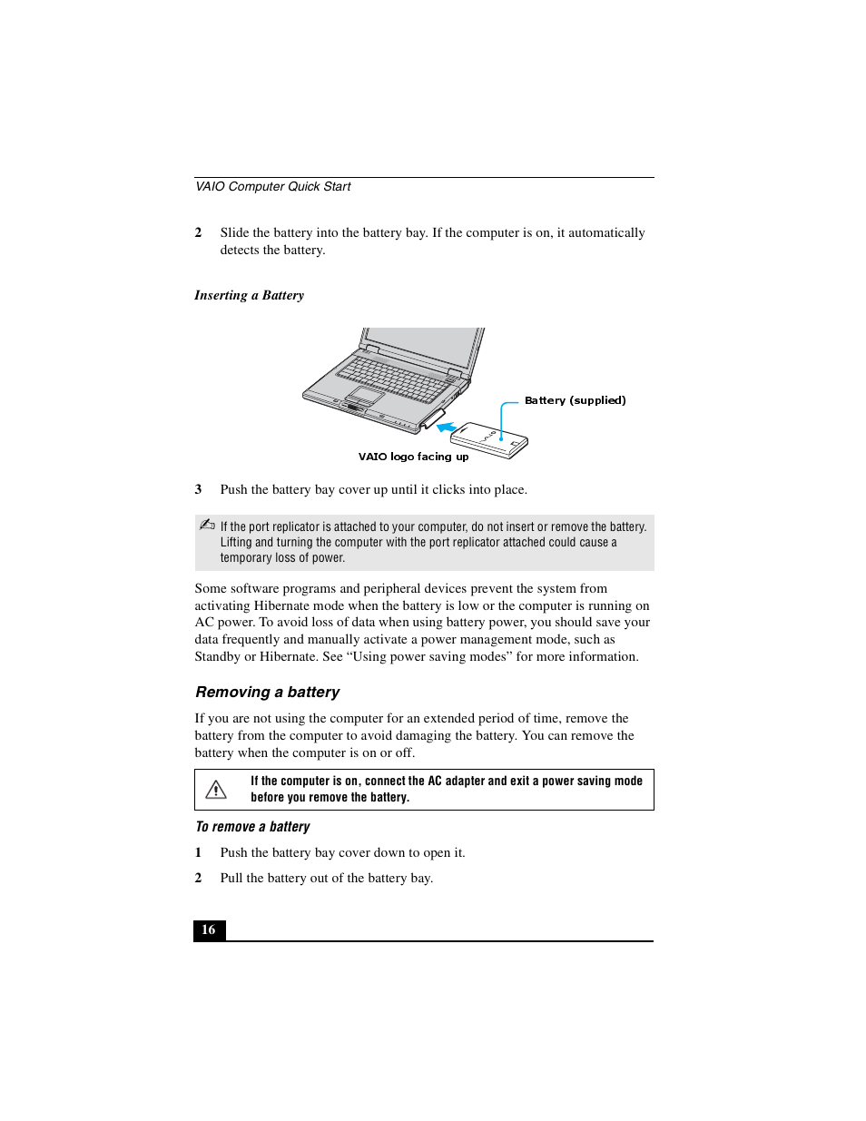 Removing a battery | Sony PCG-GRX690P User Manual | Page 16 / 222