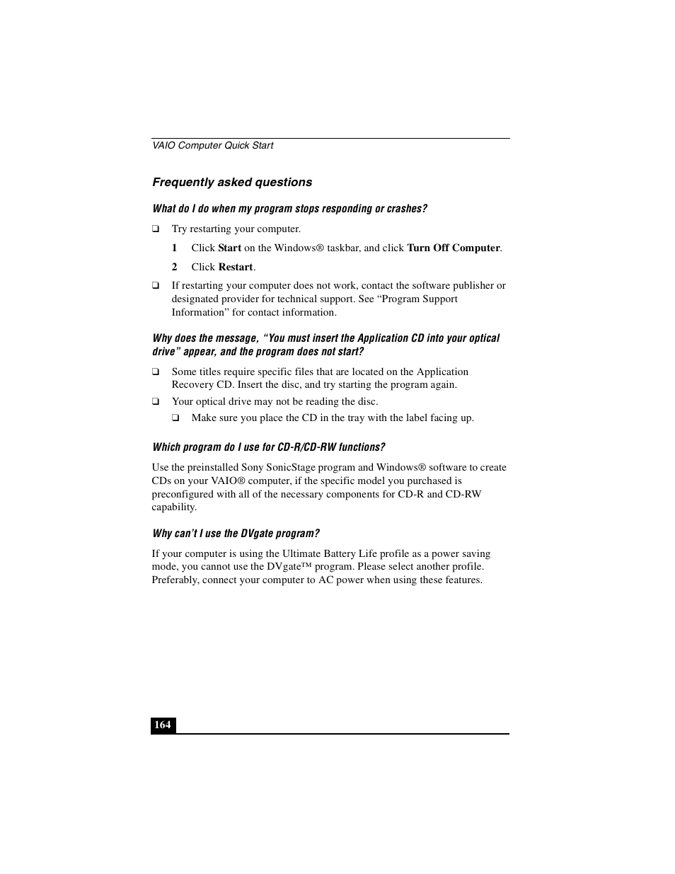 Frequently asked questions | Sony PCG-GRX690P User Manual | Page 164 / 222