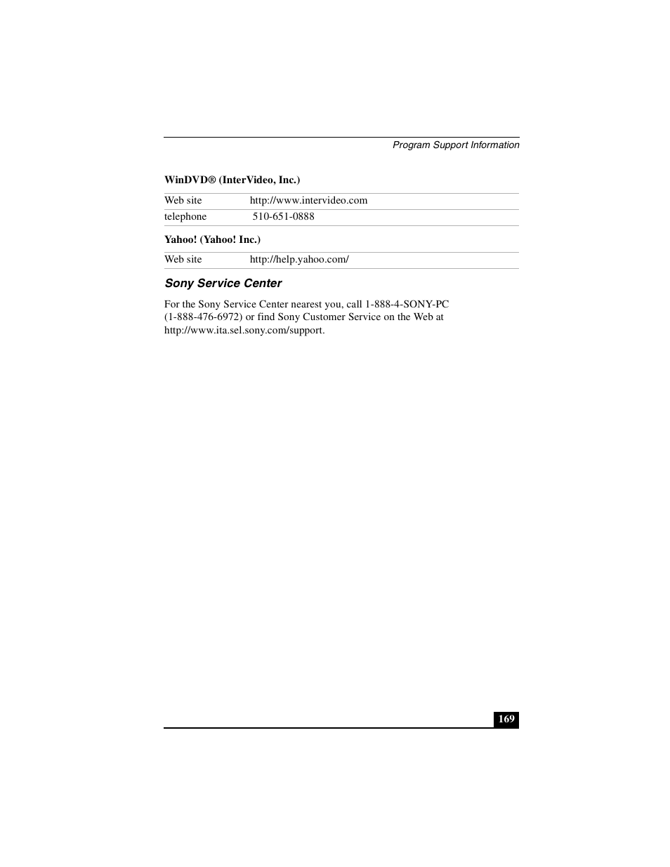 Sony service center | Sony PCG-GRX690P User Manual | Page 169 / 222