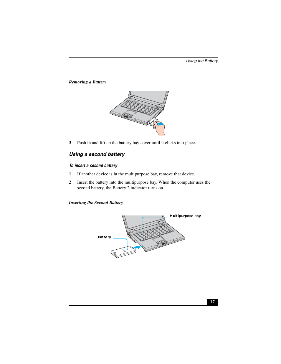 Using a second battery | Sony PCG-GRX690P User Manual | Page 17 / 222