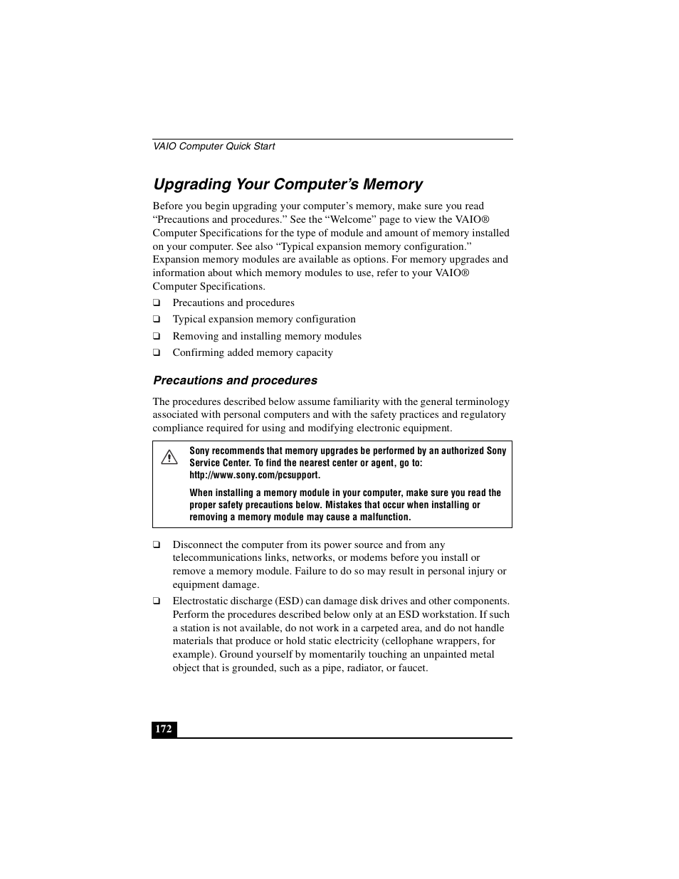 Upgrading your computer’s memory, Precautions and procedures | Sony PCG-GRX690P User Manual | Page 172 / 222