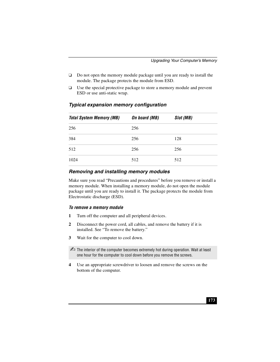 Typical expansion memory configuration, Removing and installing memory modules | Sony PCG-GRX690P User Manual | Page 173 / 222