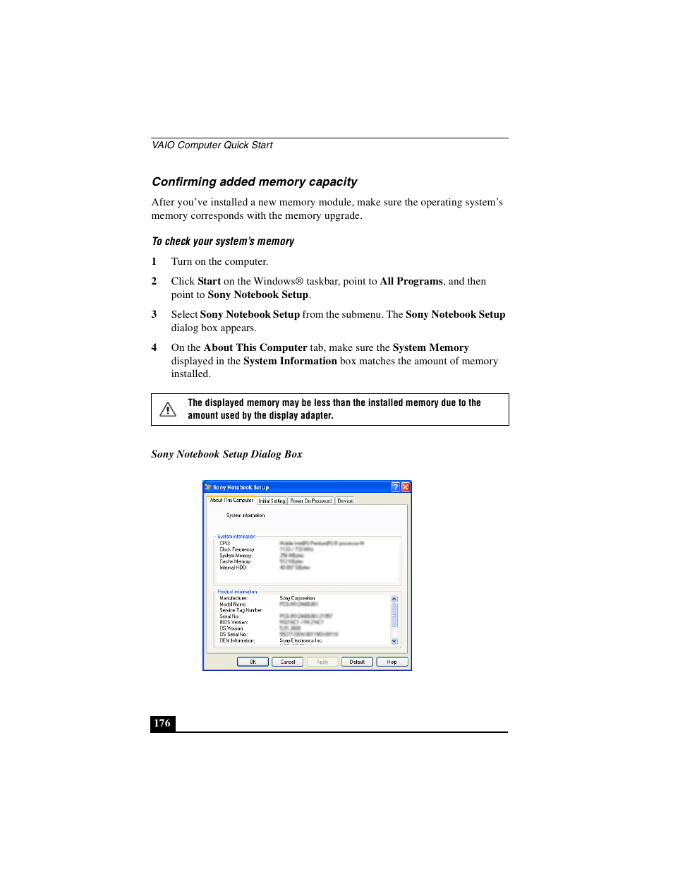 Confirming added memory capacity | Sony PCG-GRX690P User Manual | Page 176 / 222