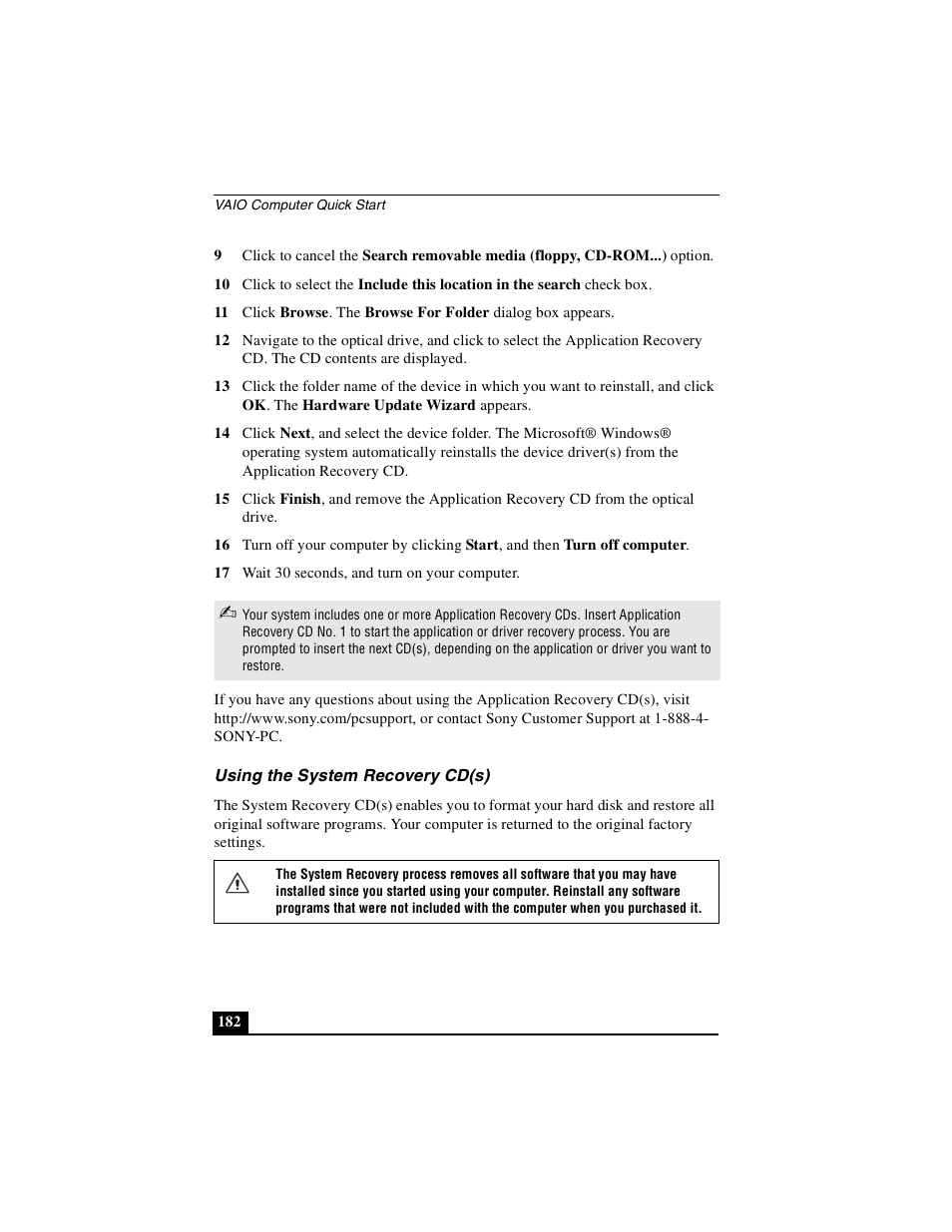 Using the system recovery cd(s) | Sony PCG-GRX690P User Manual | Page 182 / 222