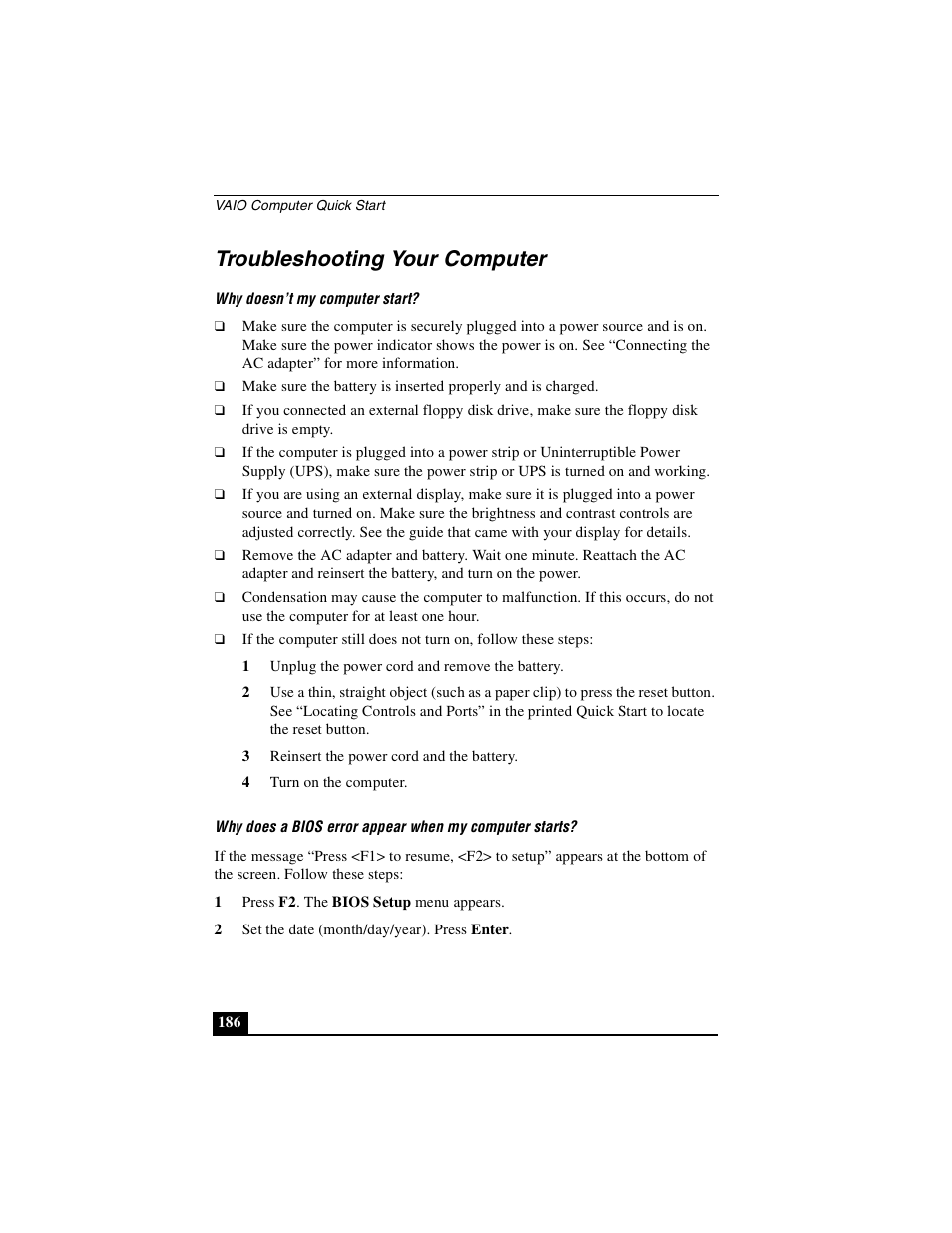 Troubleshooting your computer | Sony PCG-GRX690P User Manual | Page 186 / 222