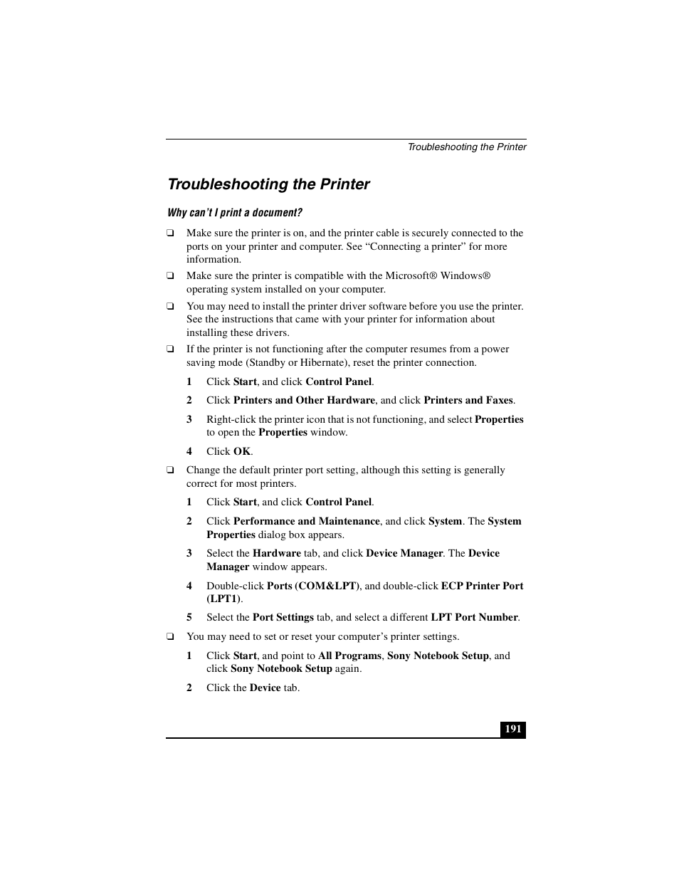 Troubleshooting the printer | Sony PCG-GRX690P User Manual | Page 191 / 222