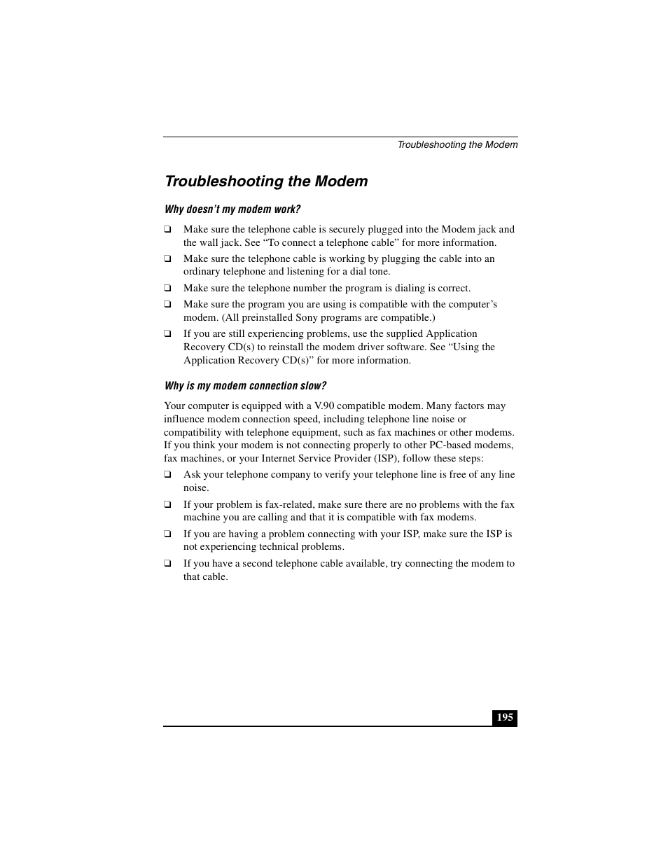 Troubleshooting the modem | Sony PCG-GRX690P User Manual | Page 195 / 222