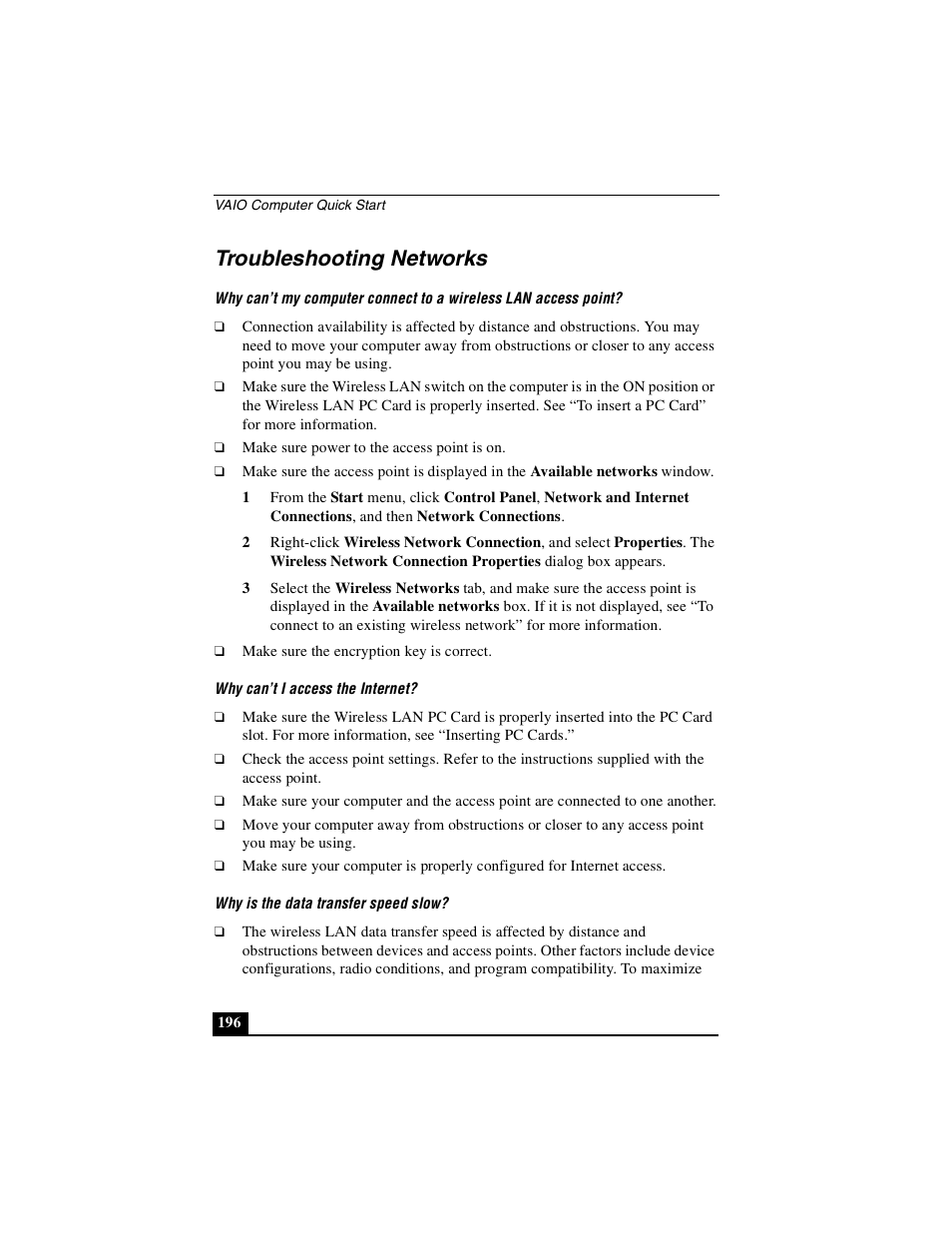 Troubleshooting networks | Sony PCG-GRX690P User Manual | Page 196 / 222