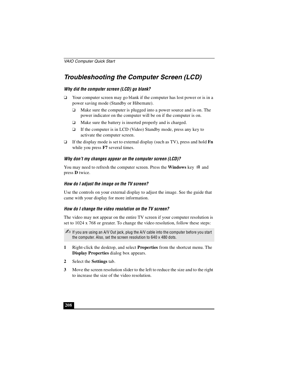 Troubleshooting the computer screen (lcd) | Sony PCG-GRX690P User Manual | Page 208 / 222