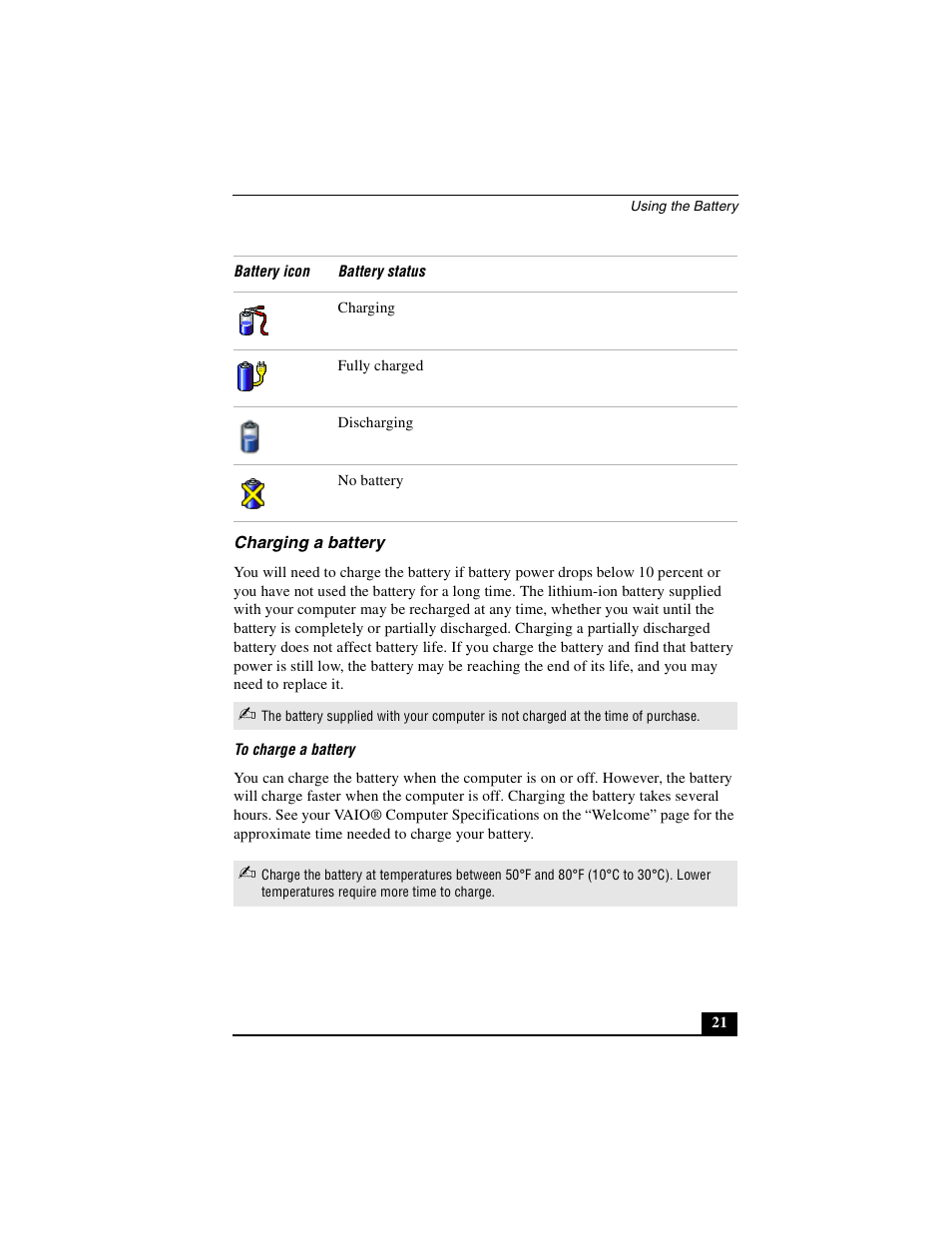 Charging a battery | Sony PCG-GRX690P User Manual | Page 21 / 222