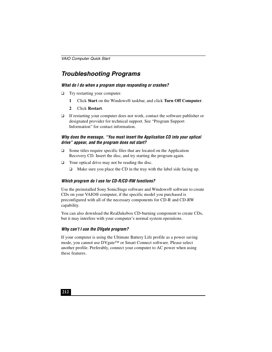 Troubleshooting programs | Sony PCG-GRX690P User Manual | Page 212 / 222