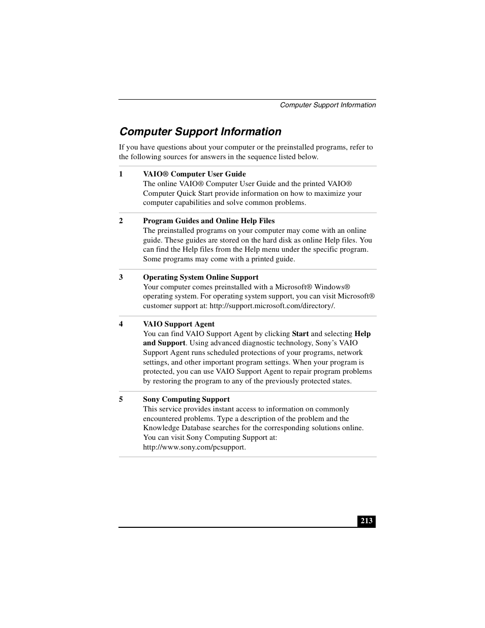 Computer support information | Sony PCG-GRX690P User Manual | Page 213 / 222