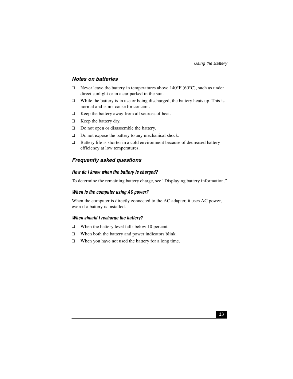 Notes on batteries frequently asked questions, Notes on batteries, Frequently asked questions | Sony PCG-GRX690P User Manual | Page 23 / 222