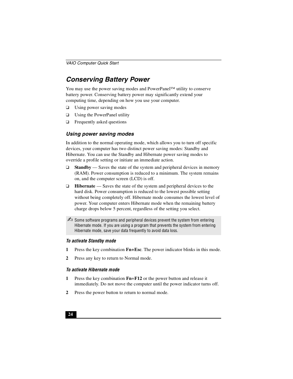 Conserving battery power, Using power saving modes | Sony PCG-GRX690P User Manual | Page 24 / 222