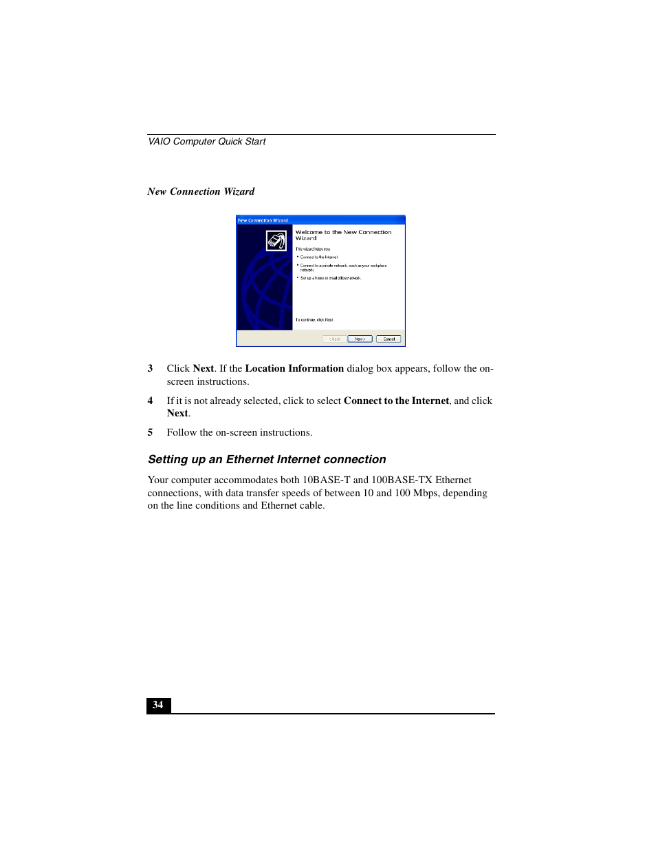 Setting up an ethernet internet connection | Sony PCG-GRX690P User Manual | Page 34 / 222