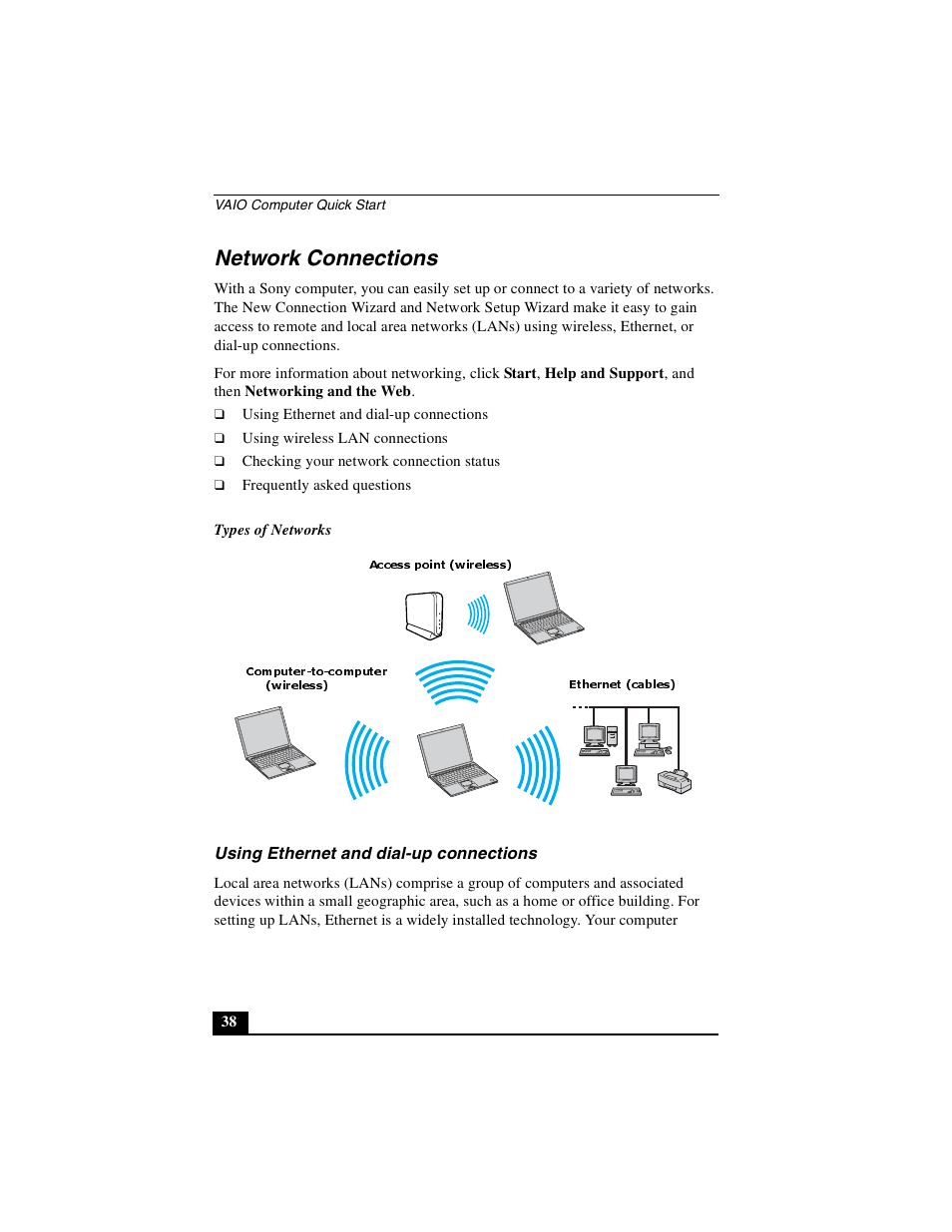 Network connections, Using ethernet and dial-up connections | Sony PCG-GRX690P User Manual | Page 38 / 222