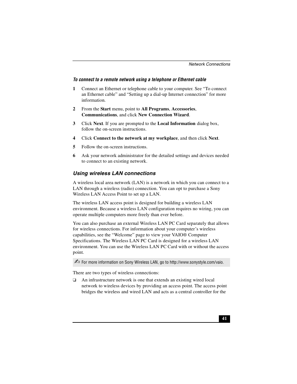 Using wireless lan connections | Sony PCG-GRX690P User Manual | Page 41 / 222