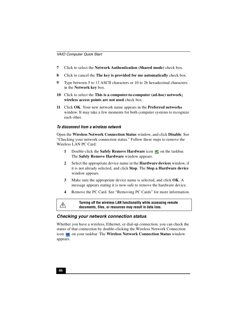 Checking your network connection status | Sony PCG-GRX690P User Manual | Page 46 / 222