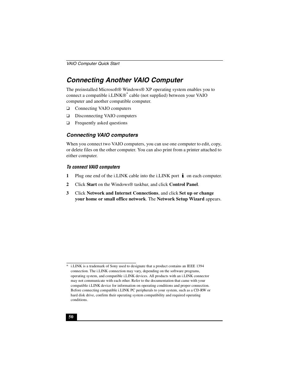 Connecting another vaio computer, Connecting vaio computers | Sony PCG-GRX690P User Manual | Page 50 / 222