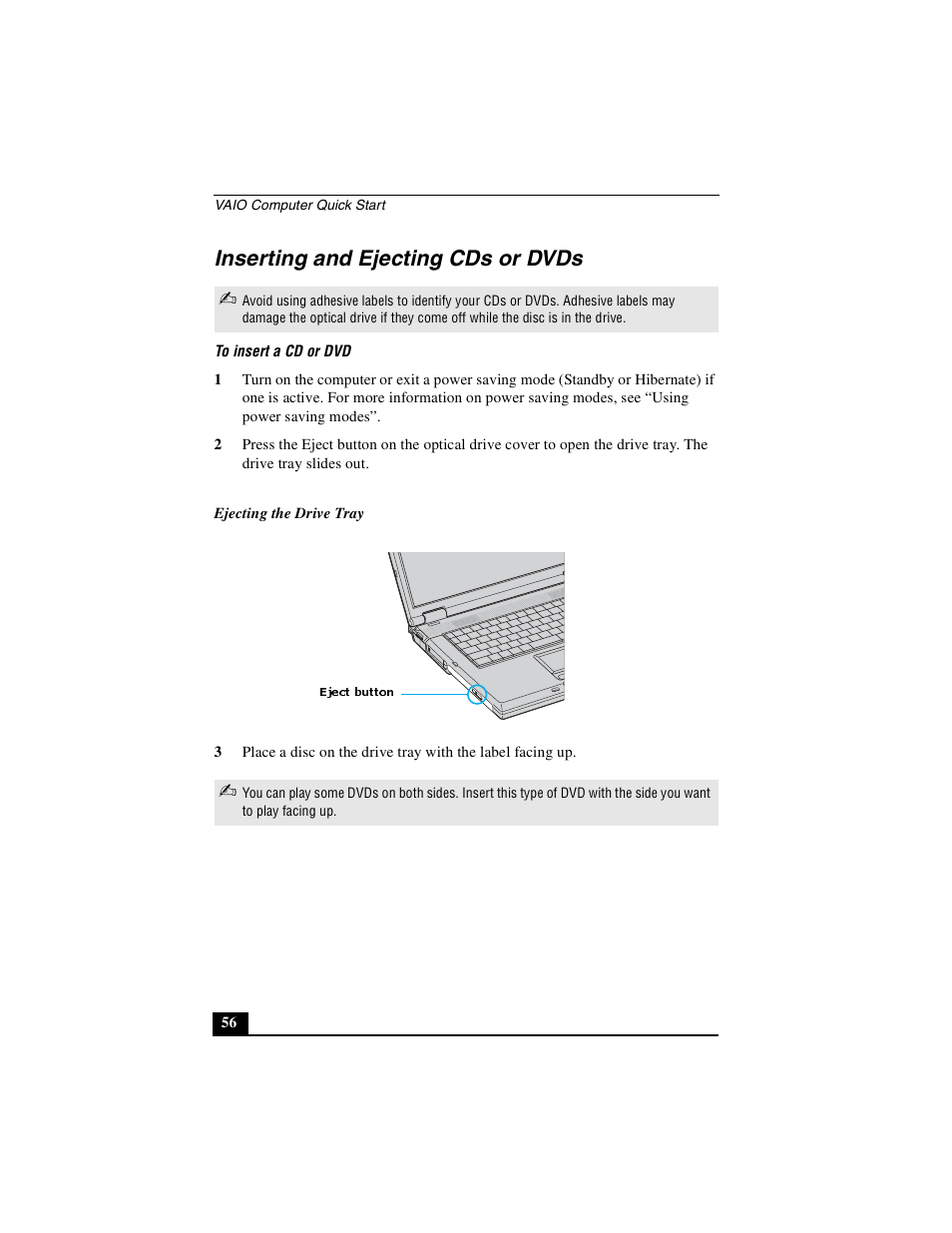 Inserting and ejecting cds or dvds | Sony PCG-GRX690P User Manual | Page 56 / 222