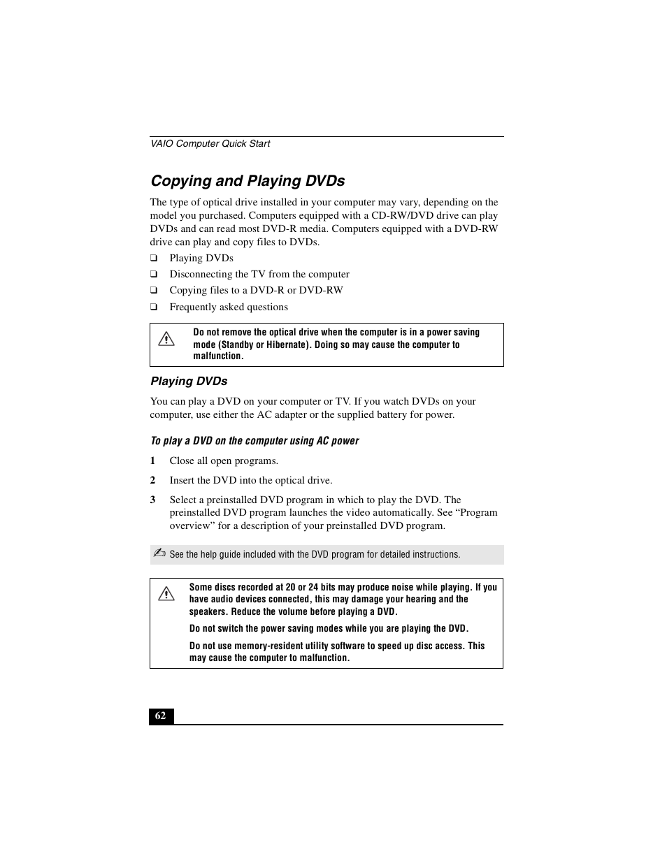 Copying and playing dvds, Playing dvds | Sony PCG-GRX690P User Manual | Page 62 / 222