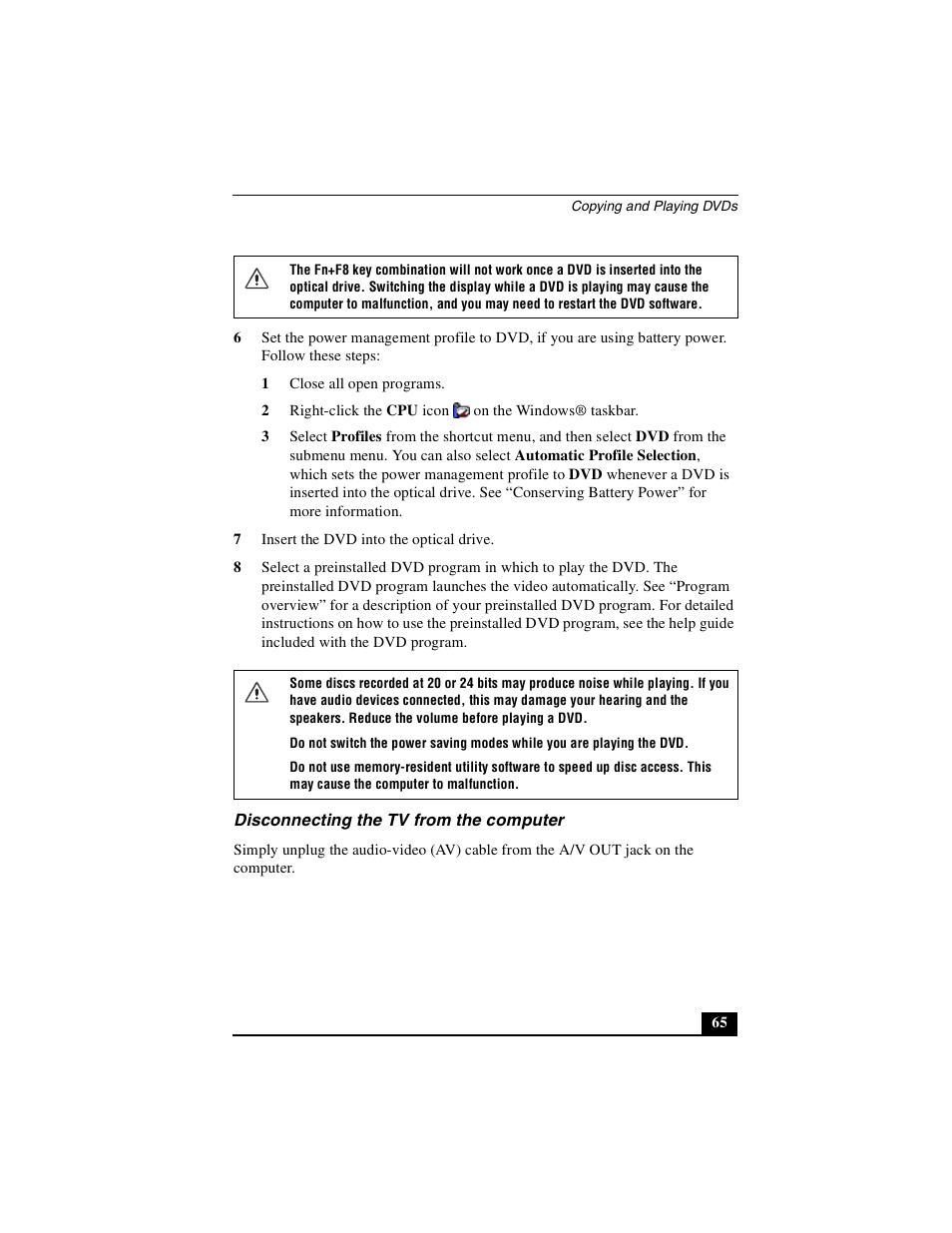 Disconnecting the tv from the computer | Sony PCG-GRX690P User Manual | Page 65 / 222