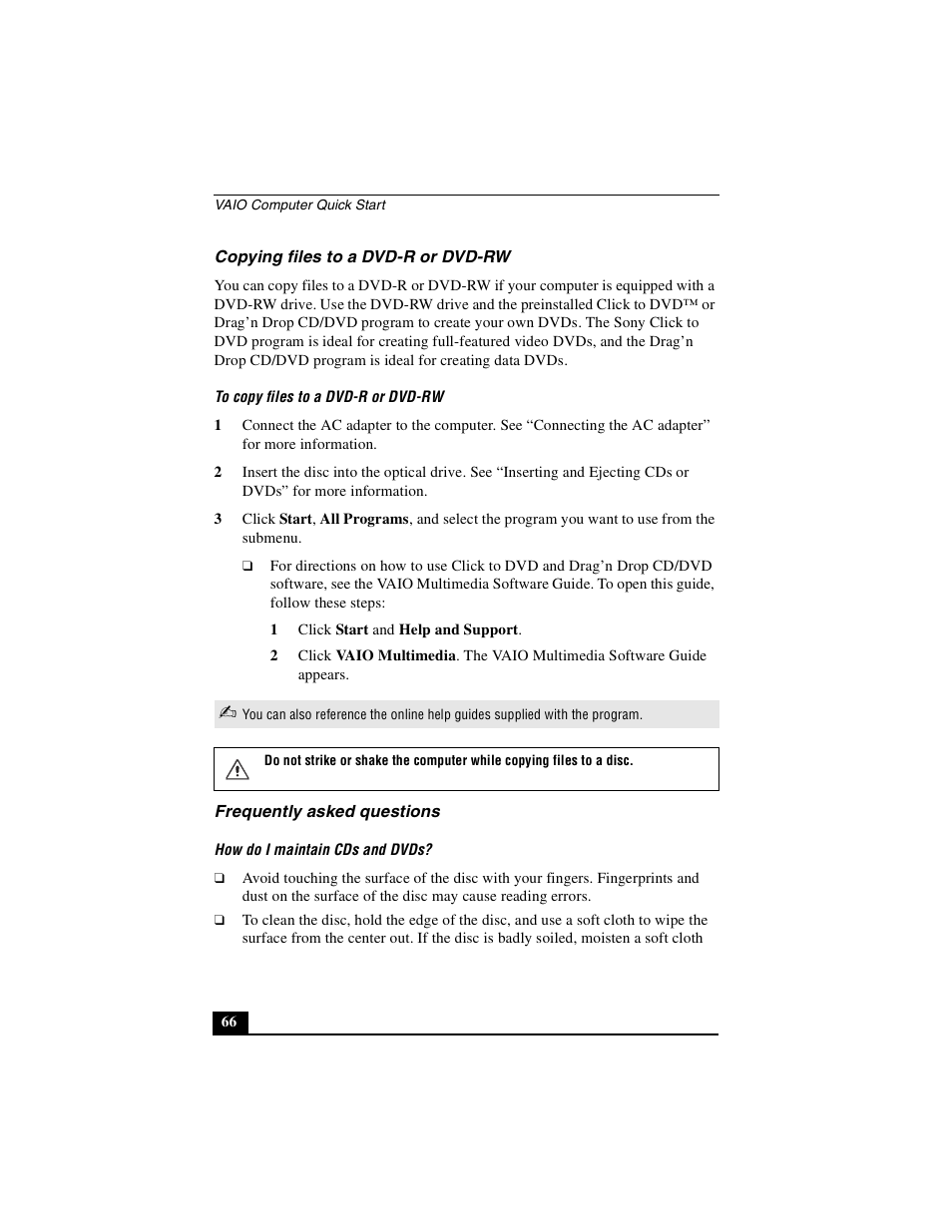 Copying files to a dvd-r or dvd-rw, Frequently asked questions | Sony PCG-GRX690P User Manual | Page 66 / 222