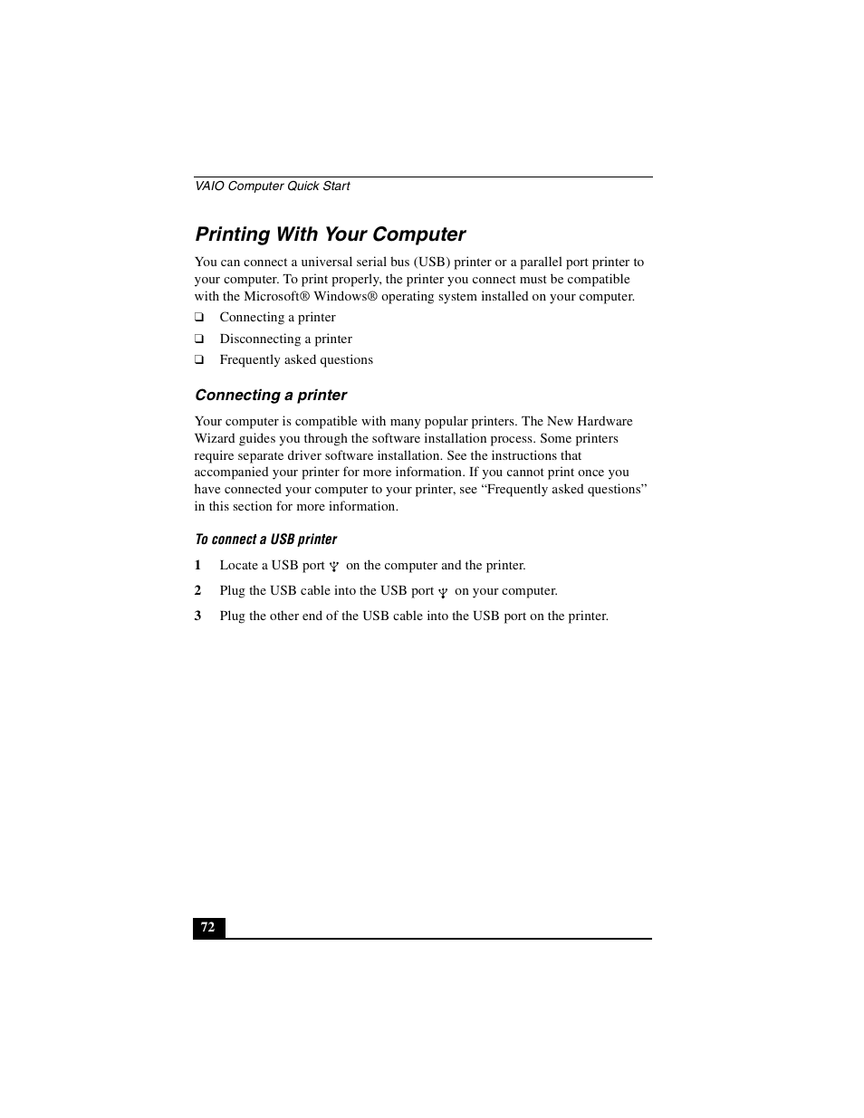 Printing with your computer, Connecting a printer | Sony PCG-GRX690P User Manual | Page 72 / 222