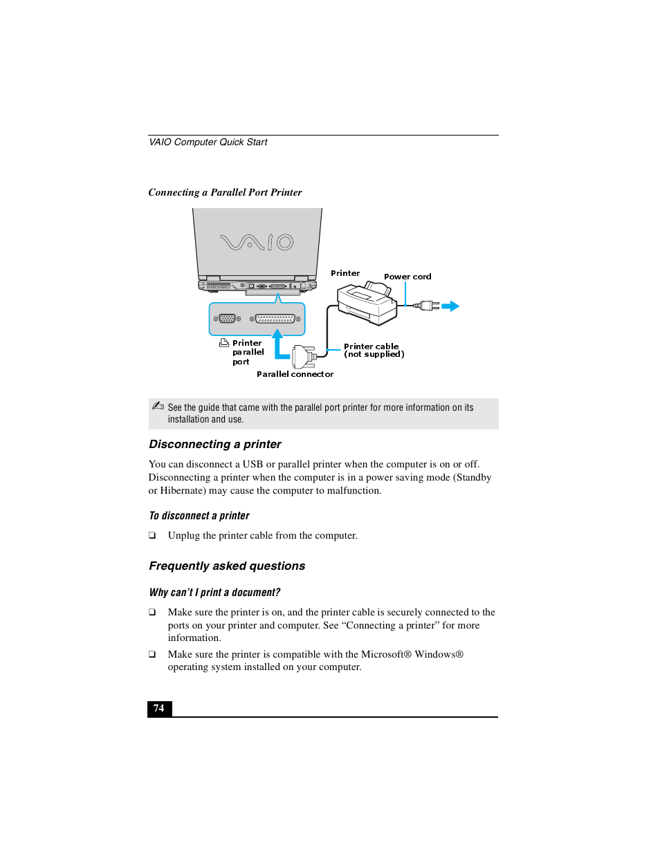 Disconnecting a printer frequently asked questions, Disconnecting a printer, Frequently asked questions | Sony PCG-GRX690P User Manual | Page 74 / 222