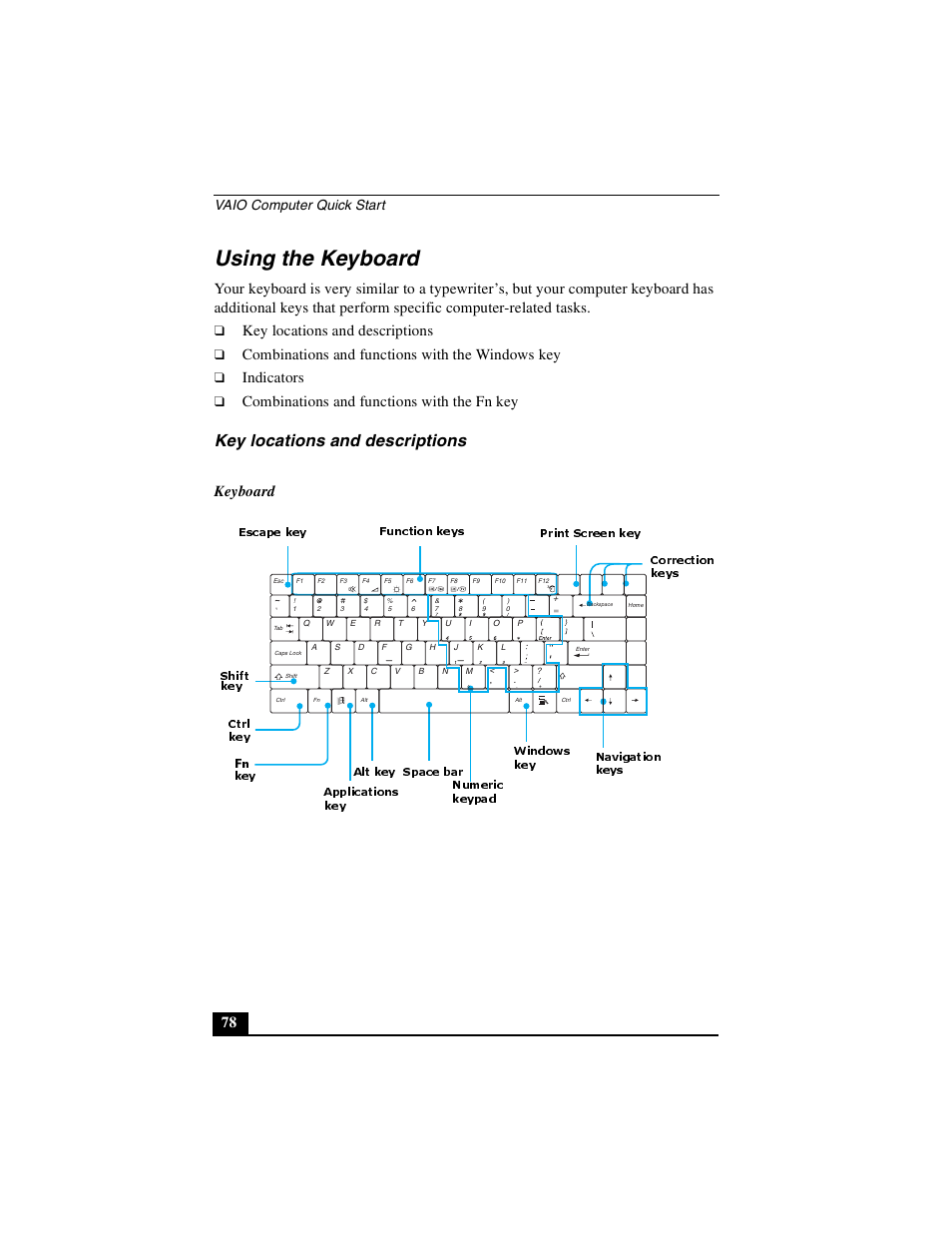 Using the keyboard, Key locations and descriptions, Combinations and functions with the windows key | Indicators, Combinations and functions with the fn key, Keyboard, Vaio computer quick start | Sony PCG-GRX690P User Manual | Page 78 / 222