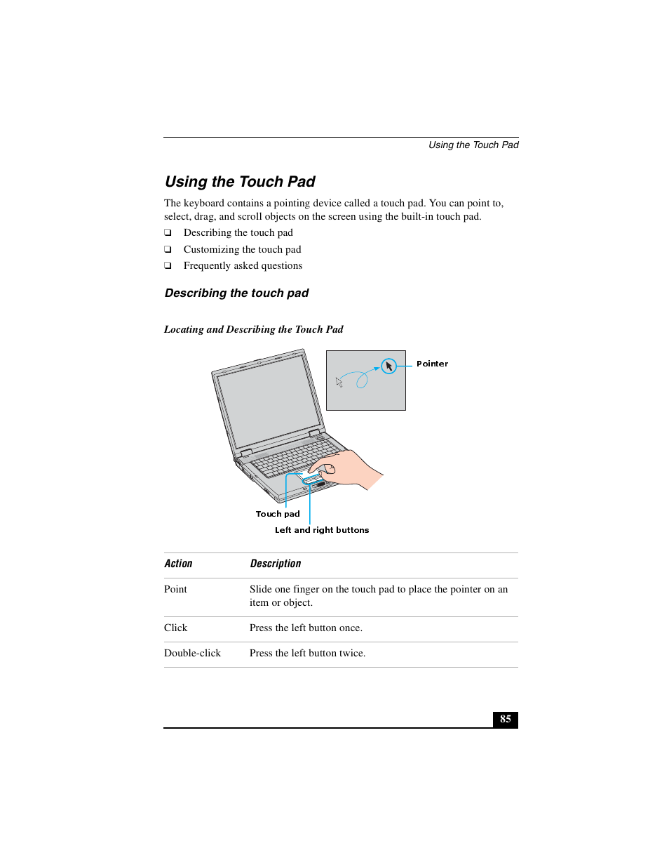 Using the touch pad, Describing the touch pad | Sony PCG-GRX690P User Manual | Page 85 / 222