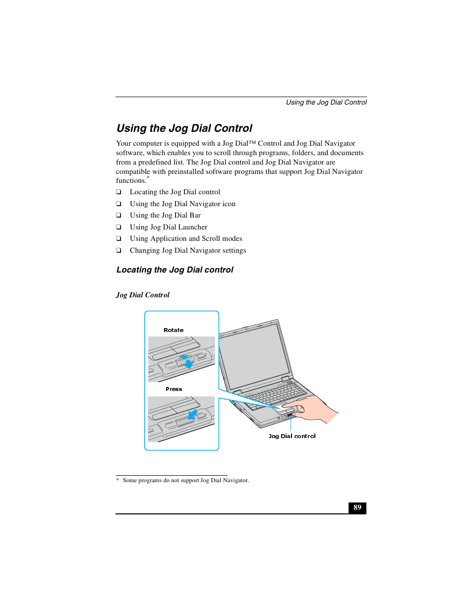 Using the jog dial control, Locating the jog dial control | Sony PCG-GRX690P User Manual | Page 89 / 222