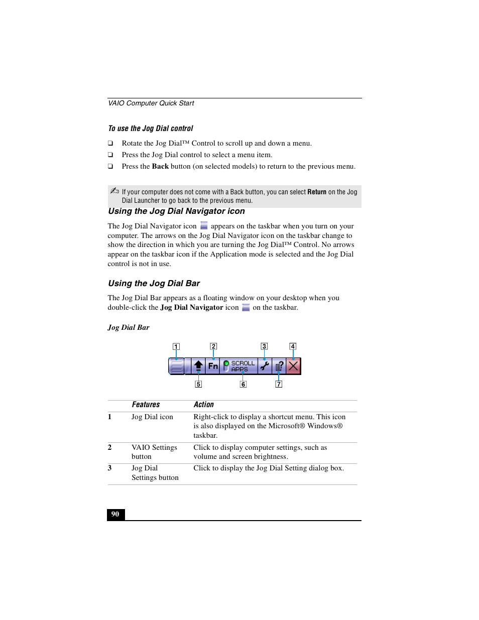 Using the jog dial navigator icon, Using the jog dial bar | Sony PCG-GRX690P User Manual | Page 90 / 222