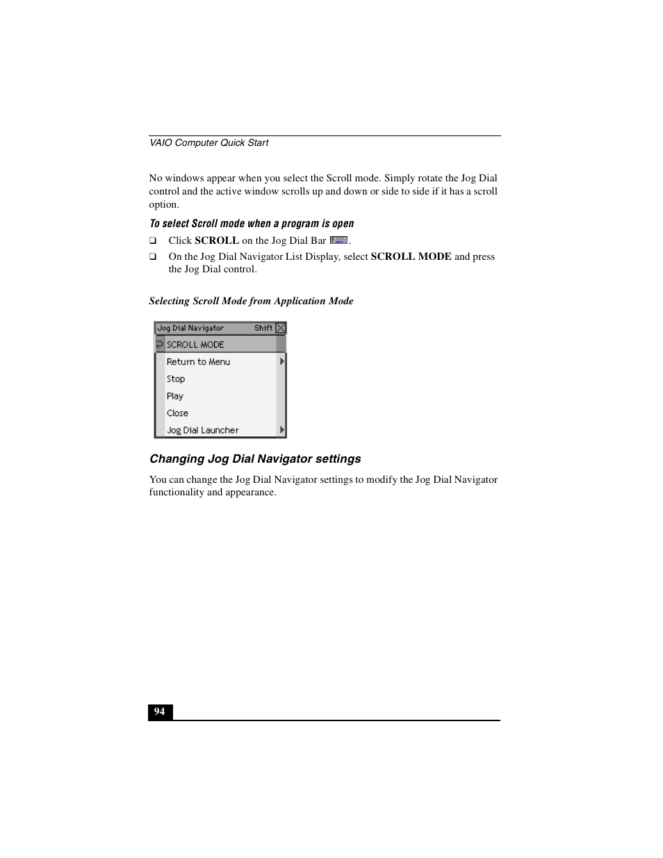 Changing jog dial navigator settings | Sony PCG-GRX690P User Manual | Page 94 / 222