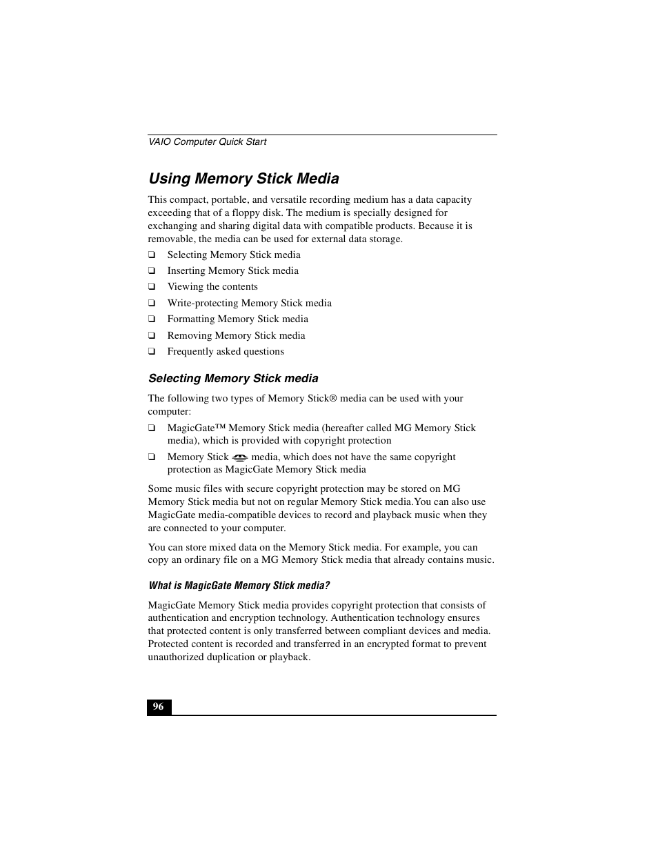 Using memory stick media, Selecting memory stick media | Sony PCG-GRX690P User Manual | Page 96 / 222