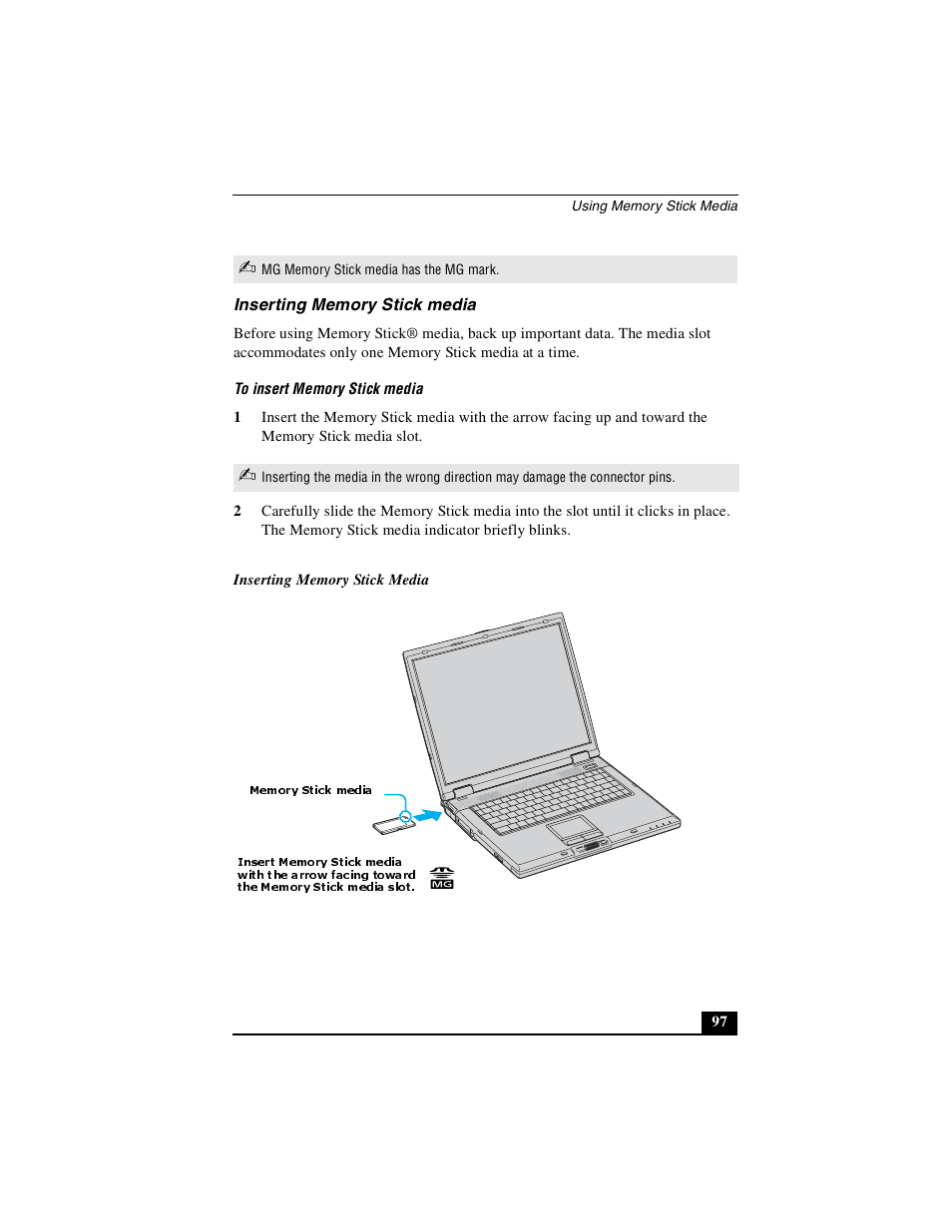 Inserting memory stick media | Sony PCG-GRX690P User Manual | Page 97 / 222