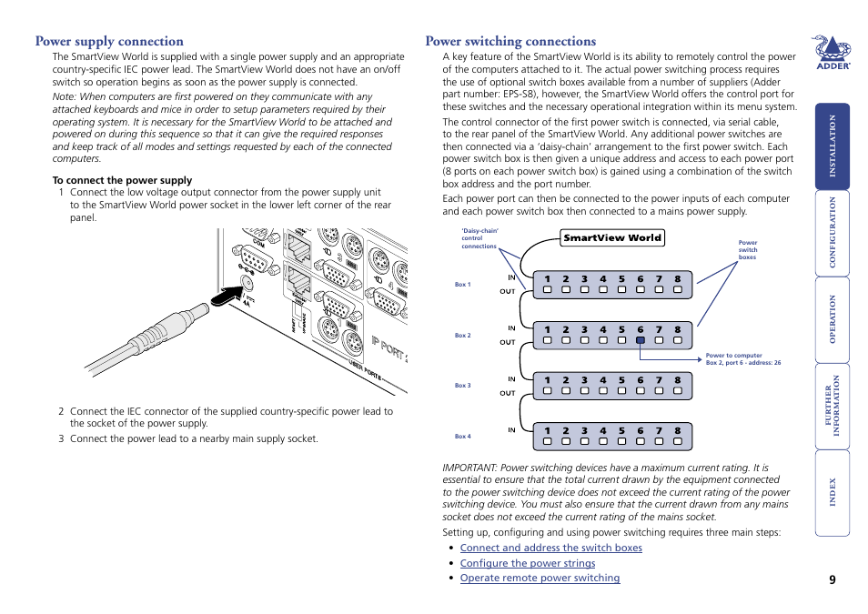 Power supply connection, Power switching connections, 9 power switching connections | Section) | Adder Technology Switch User Manual | Page 10 / 70