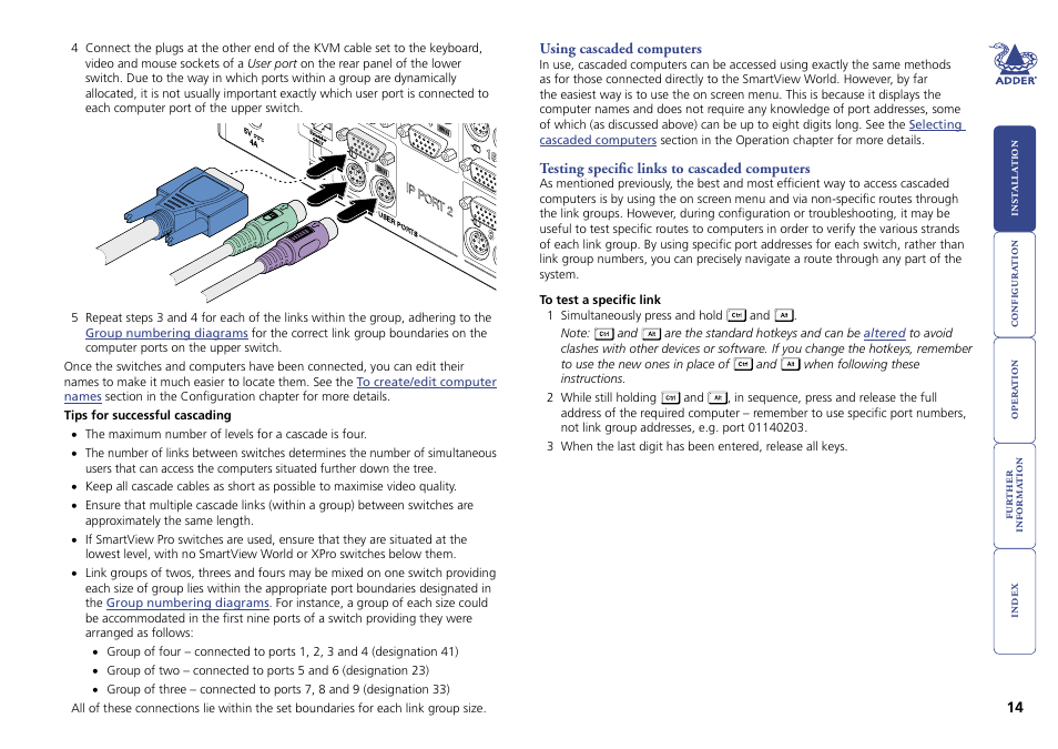 Using cascaded computers, Testing specific links to cascaded computers, 14 testing specific links to cascaded computers | Above - see, Tips for successful cascading, For more details | Adder Technology Switch User Manual | Page 15 / 70