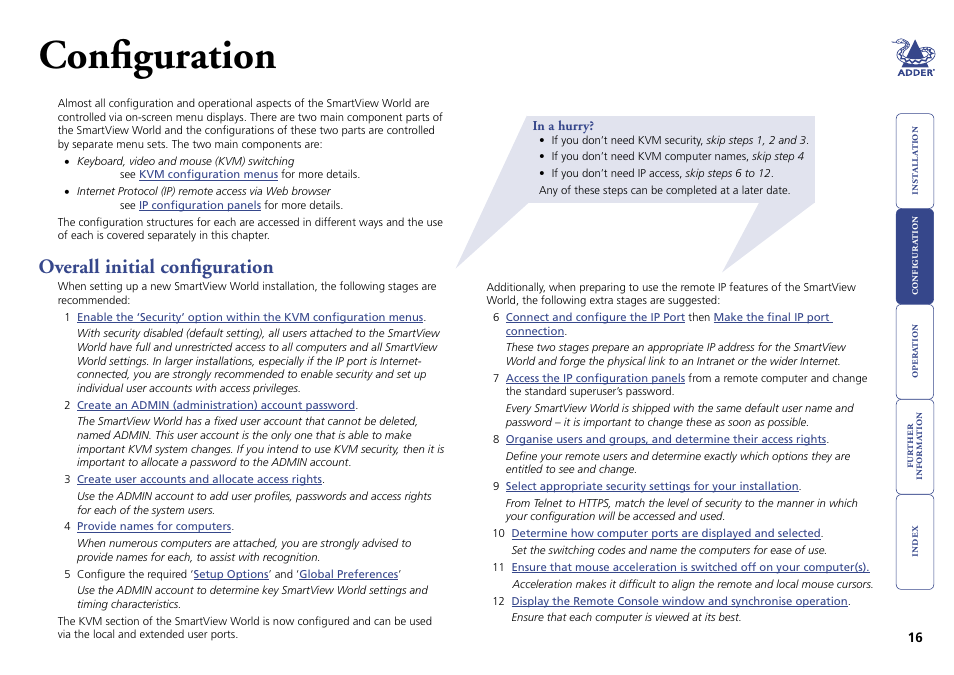 Configuration, Overall initial configuration | Adder Technology Switch User Manual | Page 17 / 70