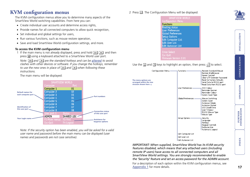 Kvm configuration menus | Adder Technology Switch User Manual | Page 18 / 70