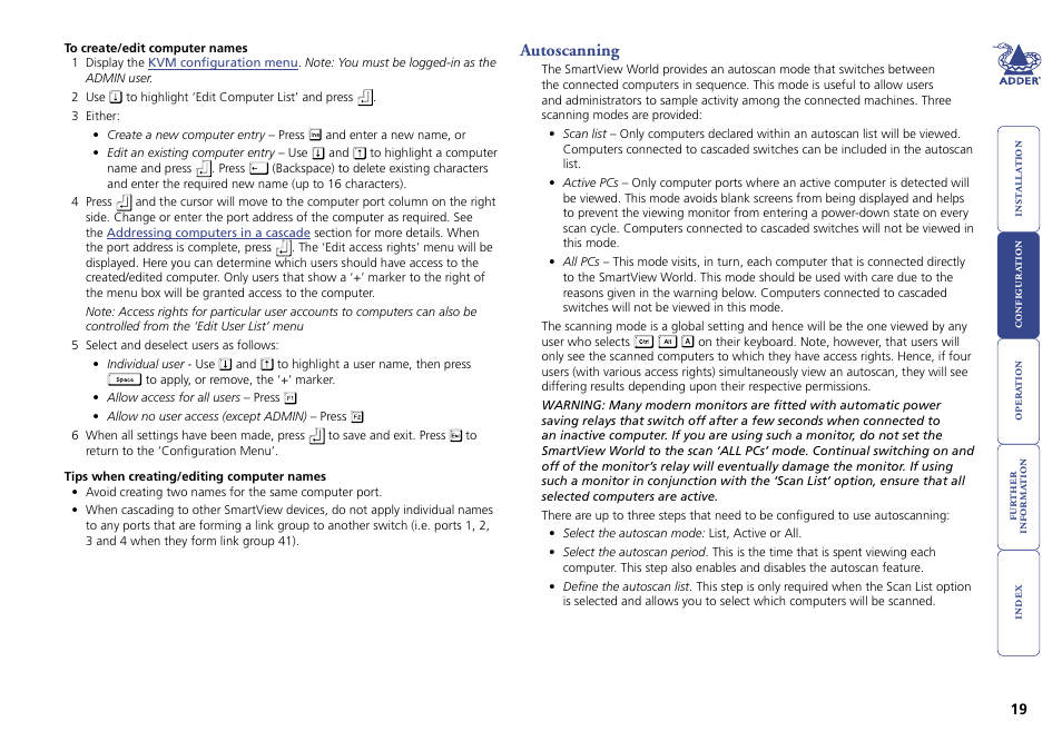 Autoscanning, To create/edit computer, Names | Section in the configuration chapter for mor, Provide names for computers | Adder Technology Switch User Manual | Page 20 / 70