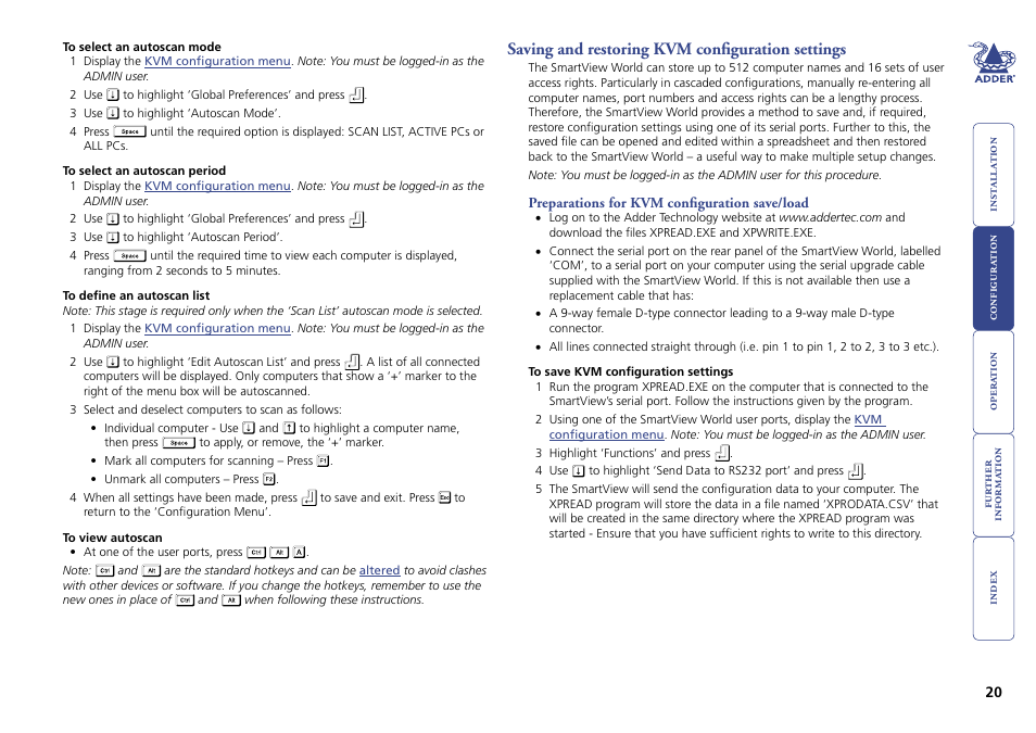 Saving and restoring kvm configuration settings, Preparations for kvm configuration save/load | Adder Technology Switch User Manual | Page 21 / 70