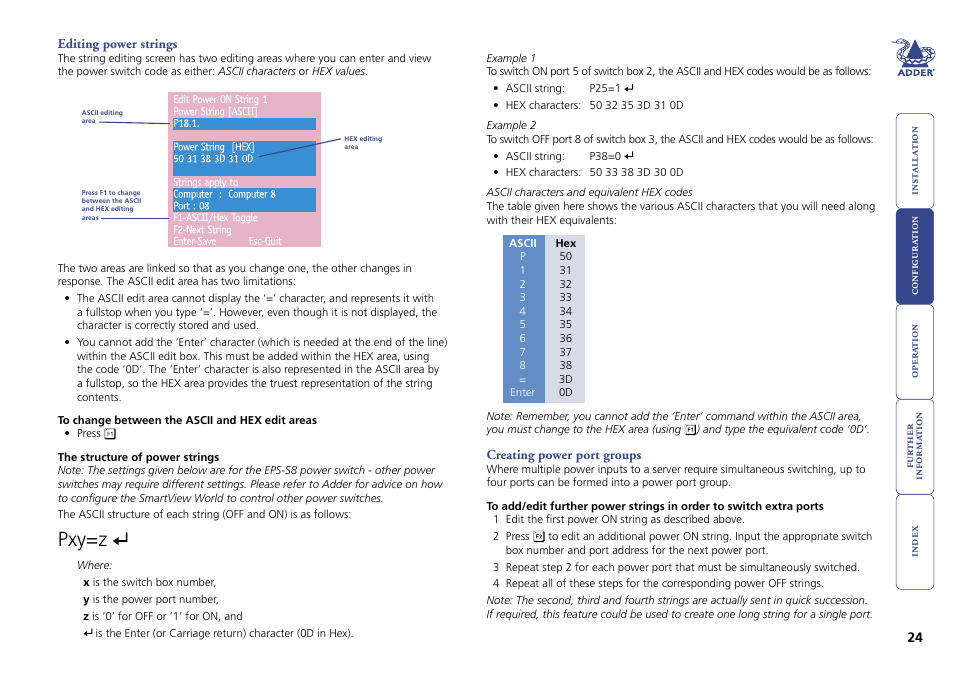 Editing power strings, Creating power port groups, 24 creating power port groups | Configure the power strings, Section. if the curr, Pxy=z | Adder Technology Switch User Manual | Page 25 / 70