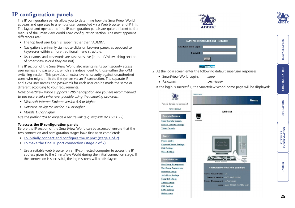 Ip configuration panels, Ip configuration panel, Access the ip configuration panels | Adder Technology Switch User Manual | Page 26 / 70