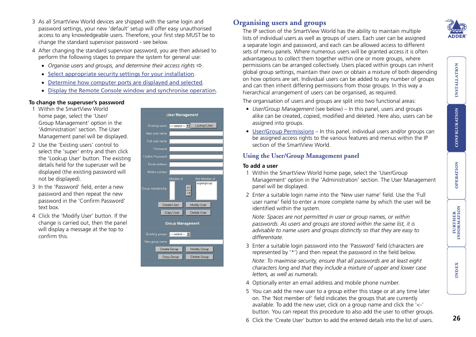 Organising users and groups, Using the user/group management panel | Adder Technology Switch User Manual | Page 27 / 70